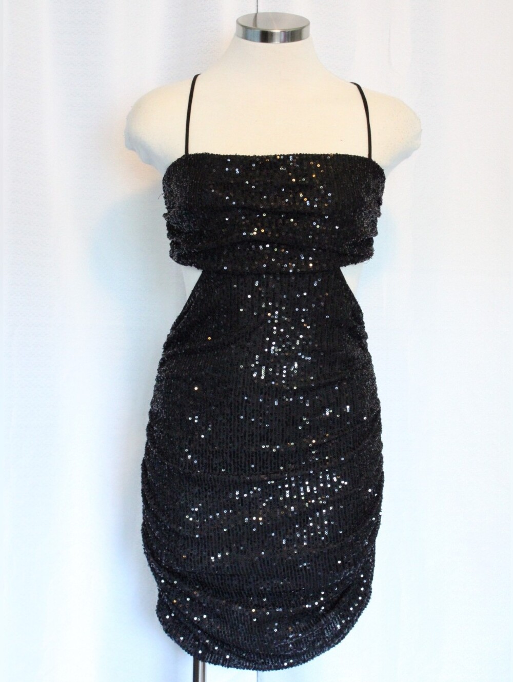 Hello Molly Black Sequin Ruched Cutout Mini Dress Womens Medium